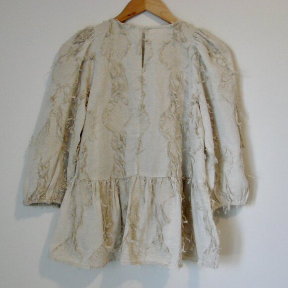 Zara Linen Blend Peplum Top Boho Hippie Fringe Puff Sleeve Natural Beige Small - Picture 13 of 16